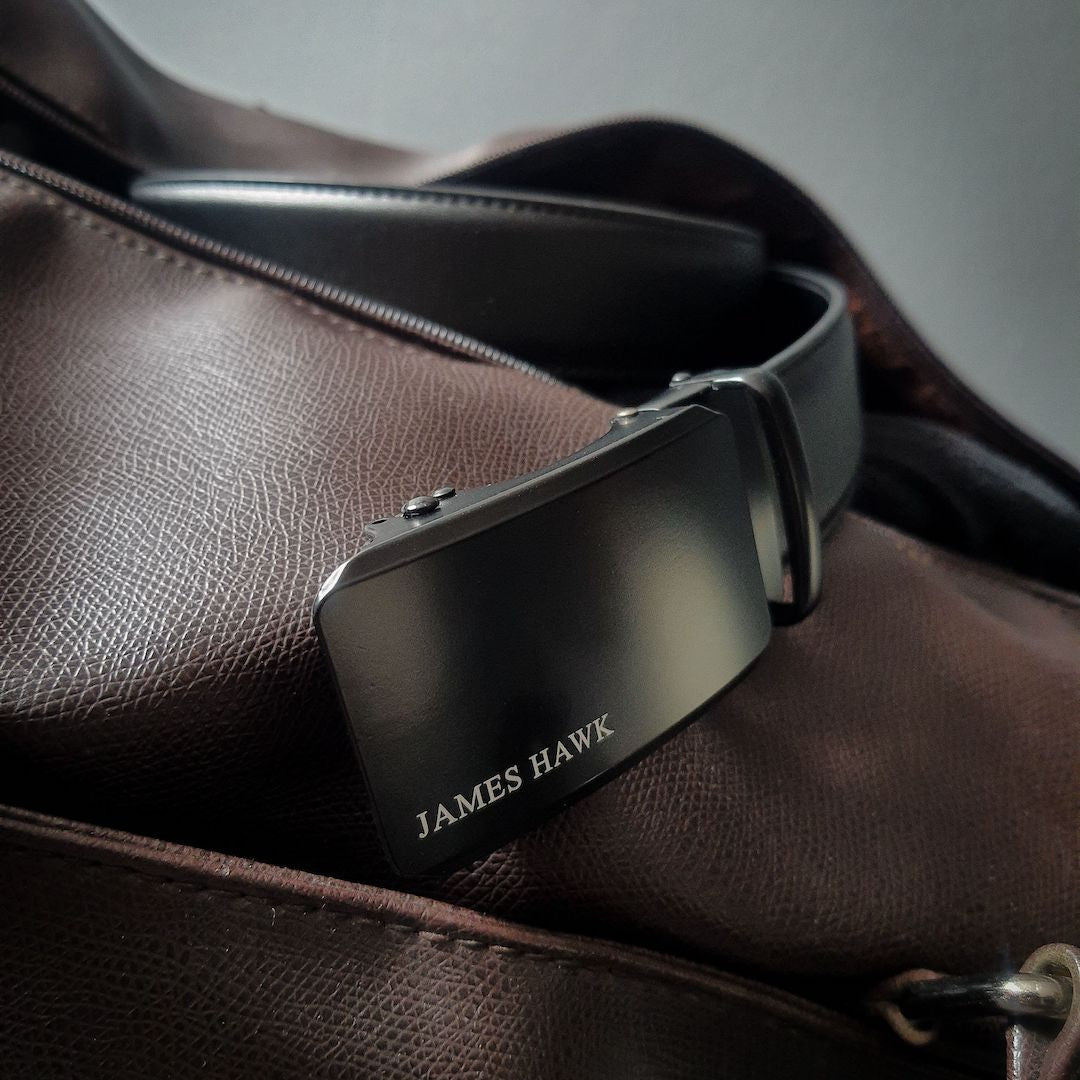 Kamea | James Hawk Stilfuldt automatisk læderbælte. Justerbar med 5 mm nøjagtighed. 100% okselæder. Klassisk 3,5 cm bredde.