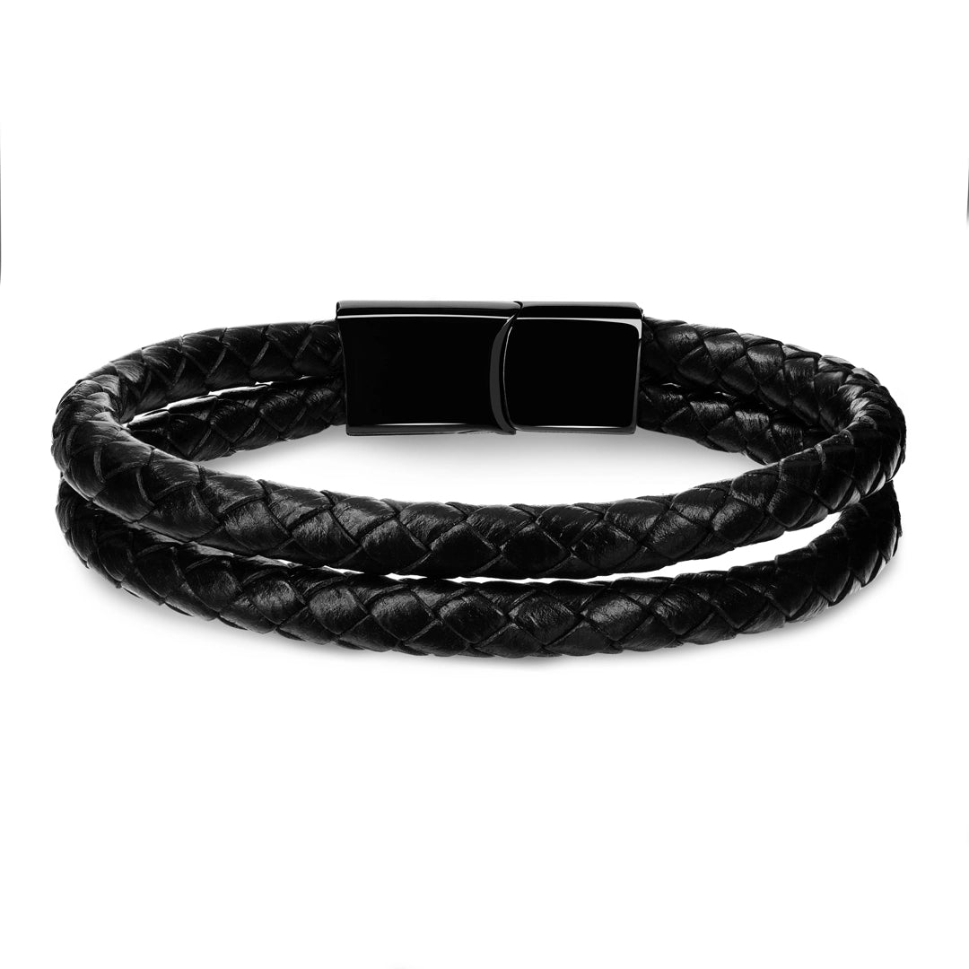Kamea | James Hawk todelt flettet læderarmbånd. Elegant design. Sort rustfrit stålspænde med magnetlukning. Tre størrelser.