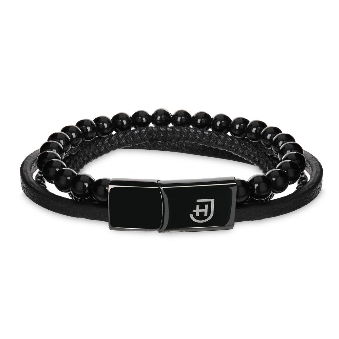 Kamea | James Hawk 4-delt læderarmbånd med sorte Onyx perler. Sort rustfrit stålspænde med magnetlukning. Tre størrelser.