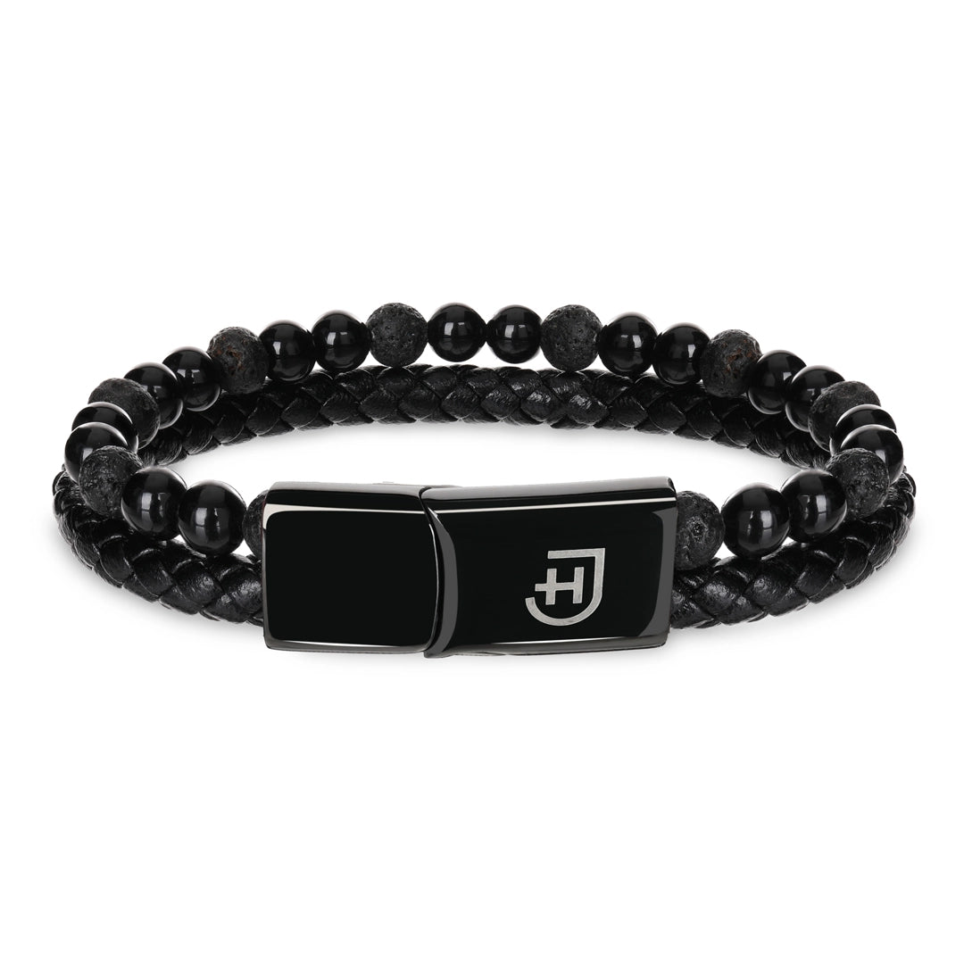 Kamea | James Hawk todelt armbånd. Flettet læder og Black lava perler. Sort rustfrit stålspænde med magnetlukning.