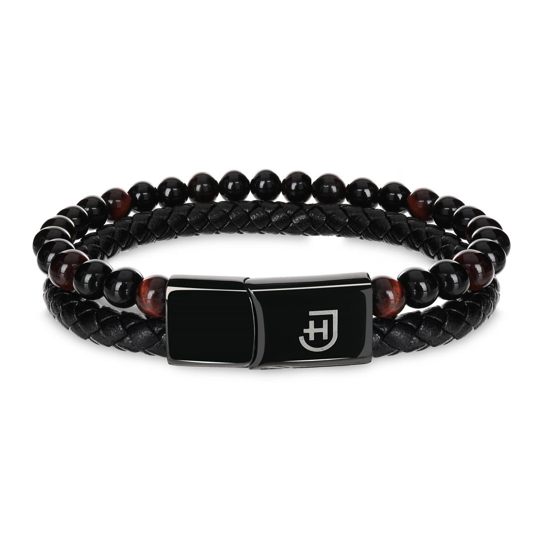 Kamea | James Hawk todelt armbånd. Flettet læder og Red Tigers Eye perler. Sort rustfrit stålspænde med magnetlukning.