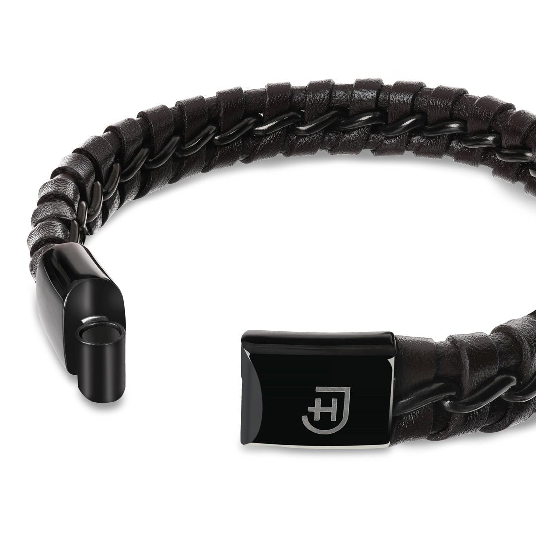 Kamea | James Hawk flettet læderarmbånd. 100% okselæder. Sort rustfrit stålspænde med magnetlukning. Tre størrelser.