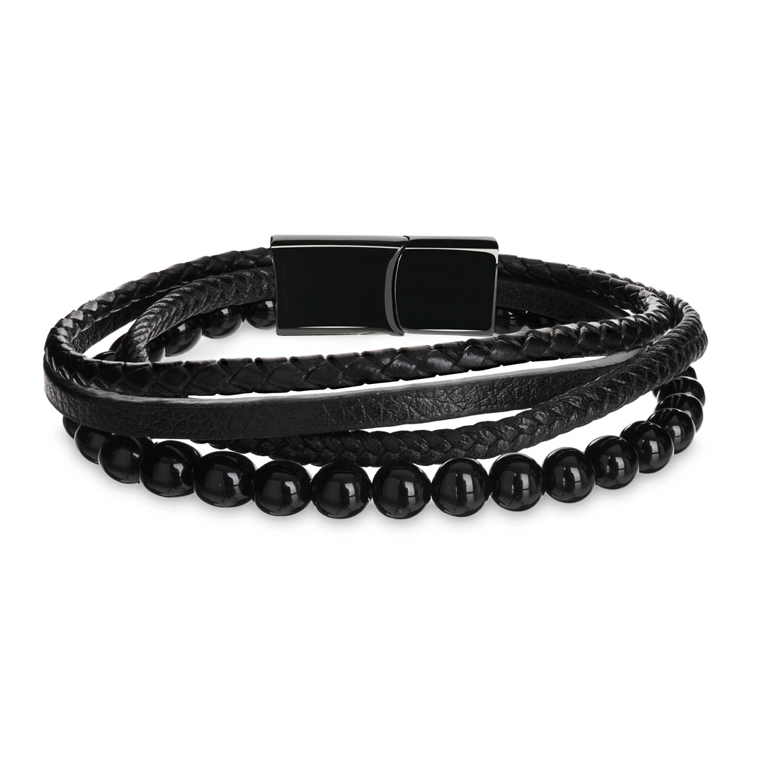 Kamea | James Hawk 4-delt læderarmbånd med sorte Onyx perler. Sort rustfrit stålspænde med magnetlukning. Tre størrelser.