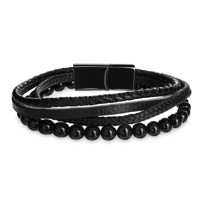 Kamea | James Hawk 4-delt læderarmbånd med sorte Onyx perler. Sort rustfrit stålspænde med magnetlukning. Tre størrelser.