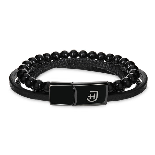 Kamea | James Hawk 4-delt læderarmbånd med sorte Onyx perler. Sort rustfrit stålspænde med magnetlukning. Tre størrelser.
