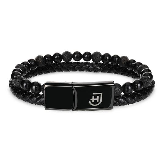 Kamea | James Hawk todelt armbånd. Flettet læder og Black lava perler. Sort rustfrit stålspænde med magnetlukning.