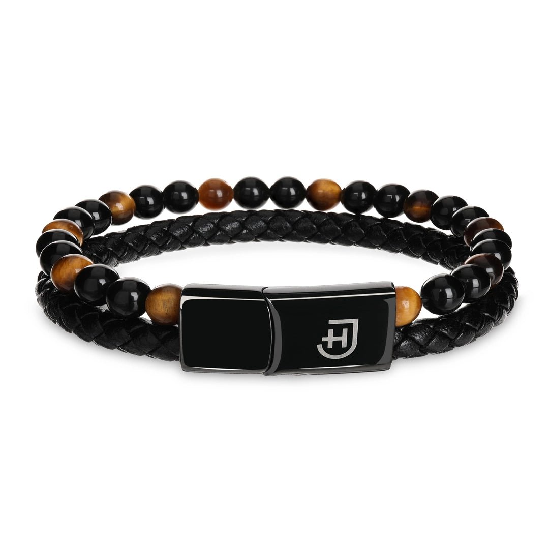 Kamea | James Hawk todelt armbånd. Flettet læder og Yellow Tigers Eye perler. Sort rustfrit stålspænde med magnetlukning.