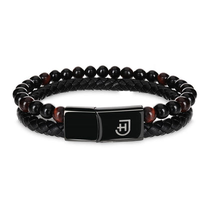 Kamea | James Hawk todelt armbånd. Flettet læder og Red Tigers Eye perler. Sort rustfrit stålspænde med magnetlukning.