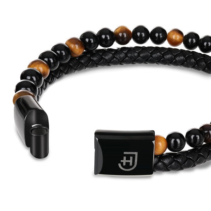 Kamea | James Hawk todelt armbånd. Flettet læder og Yellow Tigers Eye perler. Sort rustfrit stålspænde med magnetlukning.