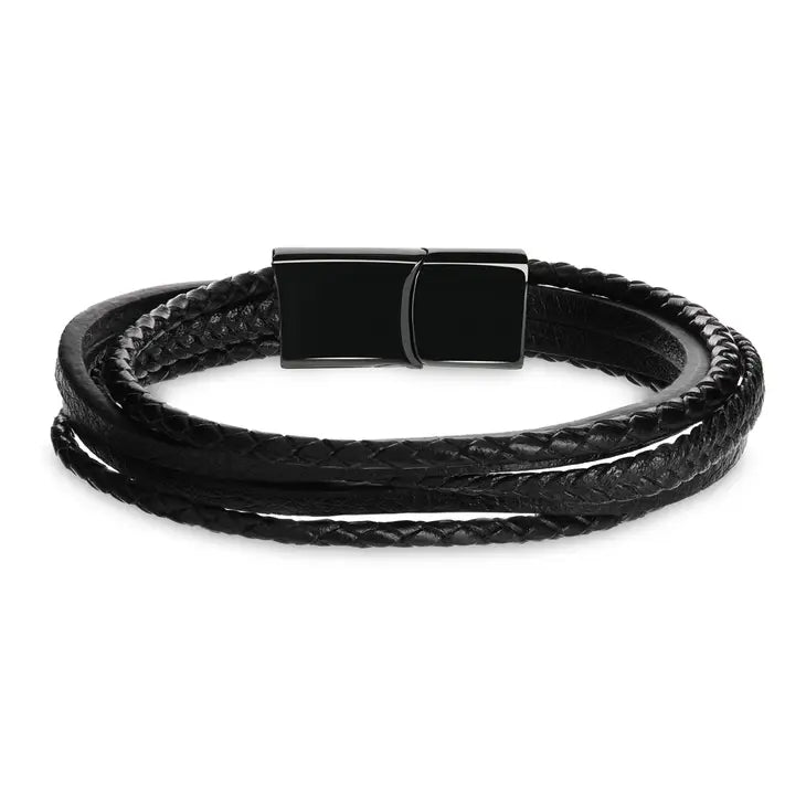 Kamea | James Hawk 5-delt læderarmbånd med glat og flettet læder. Sort rustfrit stålspænde med magnetlukning. Tre Størrelser.